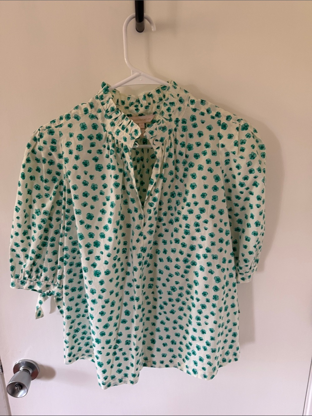 Rebecca Taylor Cream Blouse with Green Floral Print